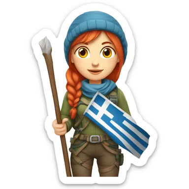 female winter mountaineer red hair holding greek flag and easter egg sticker