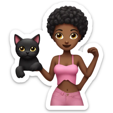 A Lantia girl wearing a pink tube top and she is holding a black cat sticker