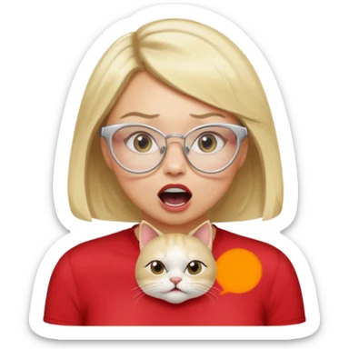 emoji style, side view woman with light skin, blonde bob hair, white cat-eye glasses, red shirt, hand cupped tightly around her mouth, hand close to nose and lips, shouting loudly, energetic expression, simple background sticker