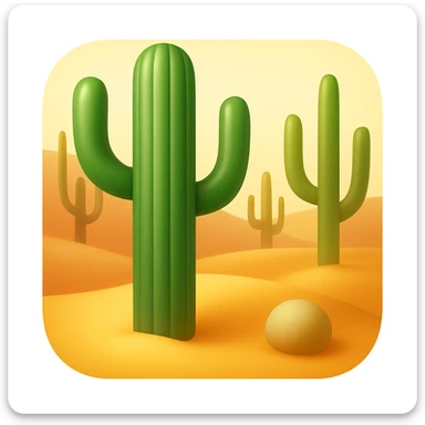 Create a desert emoji exactly like the reference image in iOS emoji style. Include the same cacti, sand, and colors with a smooth and shiny appearance. Add a slight blush to the sand. sticker