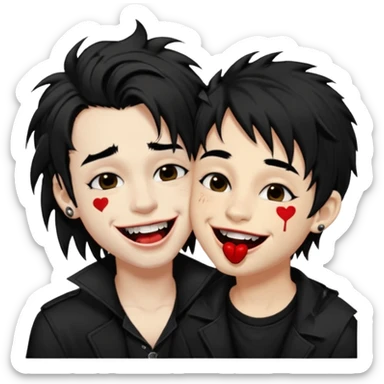 Laughing pale Goth boy with a bunch of face piercings, with shaggy dark brown hair, and messy black eyeliner , smudged, red, lipstick , kissing tan boy with long black hair  sticker