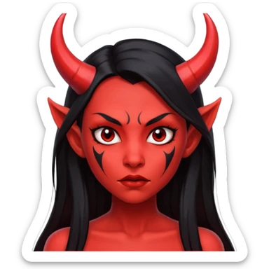Head only demon girl; face with pronounced cheekbones and angular jaw; skin is uniform pure red (#FF0000) everywhere; long straight smooth black hair; small horns sticker