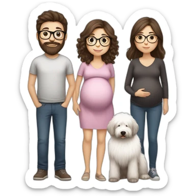 Pregnant girl with half long brown hair with glasses, a boy with long beard, glasses and short hair and english sheepdog sticker