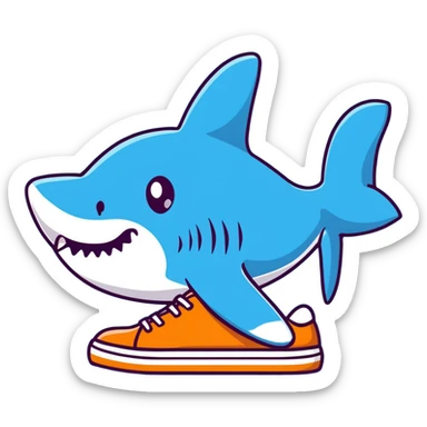 shark with four legs and blue sneakers, cartoonish sticker style sticker