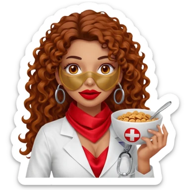 Sensual Spanish Lilith core evil surgeon.red outfit.  Surgeon has hazel eyes. Her hair is BROWN. Hair is also  long and  curly. wearing a sexy surgeon outfit with platform  heels.she is a calculated smart cereal killer. She covers only her mouth and nose with silk scarf to hide identity  sticker
