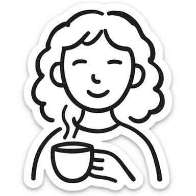 white girl with medium curly hair holding a coffee cup, modern icon style, minimal details, clear silhouette sticker