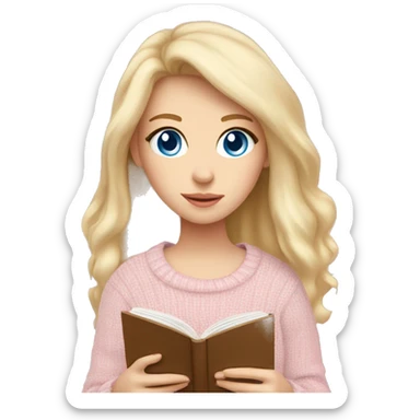 Pretty blue eyed white girl with light pink sweater reading cozy sticker