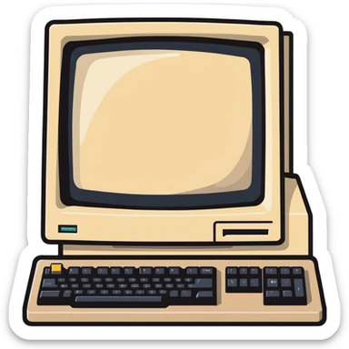 Vintage desktop computer from the 80s, bulky beige monitor with floppy disk drive, separate keyboard, nostalgic tech aesthetic sticker