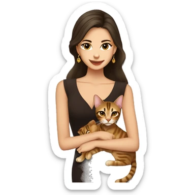 Beautiful skinny woman long dark brown hair in dark dress with gold earrings hug bengal cat sticker