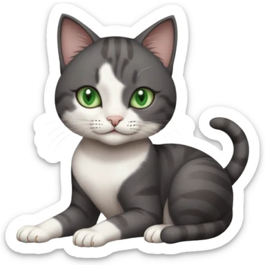 beautiful female solid dark grey cat with green eyes, white toes/paws and white patch on her chest rolling over sticker