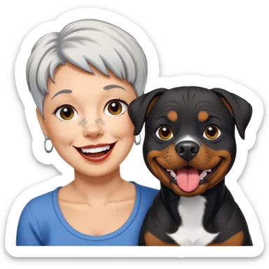 Pitt bull rottweiler white muzzle with black spots tongue out next to older woman with short silver hair sticker