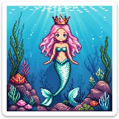 Dark brown skin mermaid princess with crown and shimmering tail in underwater kingdom sticker