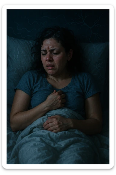 realistic and cinematic vertical illustration of a woman with PCOS in bed, showing sleep disorders and autonomic nervous system imbalance, signs of agitation and discomfort, symbols of nervous system imbalance, nighttime atmosphere, 2:3 aspect ratio, very few writings sticker