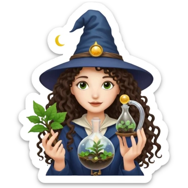 A long curly haired brunette girl with a moon witch hat, and a plant wand or plant potion terrarium sticker