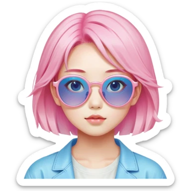 Vaporwave aesthetic Japanese girl with pastel pink hair, retro 80s sunglasses, nostalgic color palette of pink and blue, Japanese kanji characters floating, gradient background sticker