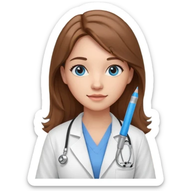 pretty female nursing student with long brown hair, blue eyes inside a classroom at university with blackboard behind her sticker