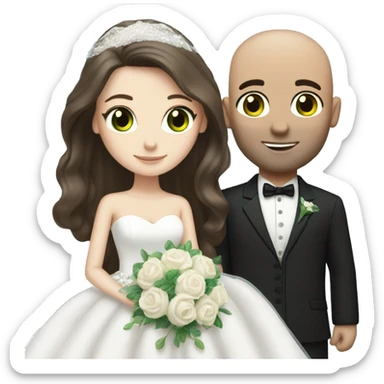 white girl with green eyes and long dark brown hair in wedding dress with bald blueeyed husband  sticker