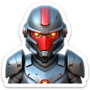 futuristic war robot portrait, head and shoulders only, aggressive design, sharp armor edges, glowing red eyes, battle-damaged helmet faceplate, heavy armor collar, intense dramatic lighting, sci-fi metal textures, 3D cartoon, mobile game icon style, clean background, no text, no watermark
 sticker