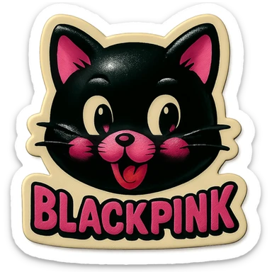 BLACKPINK K-pop retro sticker, black and pink cat face, cute, expressive, vintage sticker style sticker