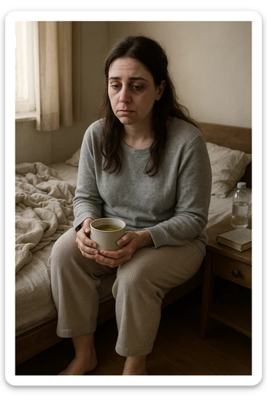 A realistic, cinematic illustration of a woman in her early 30s with a tired, pale appearance, sitting on the edge of her bed in a softly lit bedroom during the morning, looking exhausted and drained. Her posture is slightly slouched, and dark circles are visible under her eyes. She wears comfortable loungewear, holding a warm cup of herbal tea in her hands, seeking comfort. The scene includes a cozy yet slightly messy room with a blanket, a water bottle, and a book on the nightstand, emphasizing chronic fatigue. Soft natural light comes through the window, highlighting her expression of persistent tiredness despite rest, capturing the invisible struggle of chronic fatigue syndrome while maintaining dignity and a gentle aesthetic. sticker