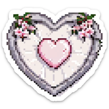 Increase the amount and prominence of silver details and accents on the heart with sakura in pixel art style. No background. sticker