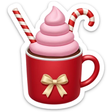 hot chocolete with pastel pink marshmallows in red christmas mug and candy cane sticker