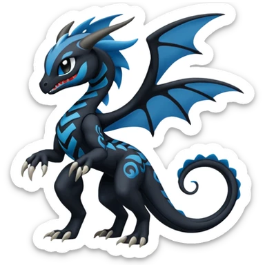 Black and Blue Meloetta-Venom-Stitch-Zekrom-Salandit-fusion, full body, tribal markings  sticker