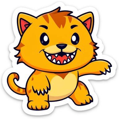 saber-toothed cat with comically small body and ridiculously oversized canine teeth, tiny head with massive fangs that dwarf the entire body sticker