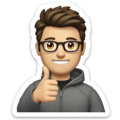 a man with short brown hair, quiff, beard and black round glasses, dark brown eyes, wearing a gray sweatshirt and a professional camera, giving a thumbs up sticker