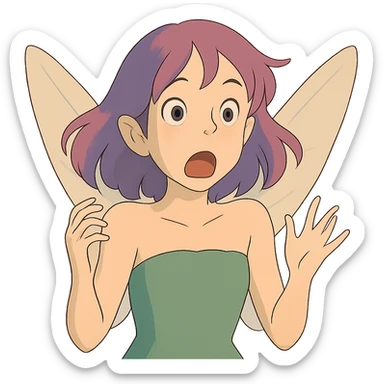 ghibli style white girl with purple and pink hair, shocked fairy expression sticker