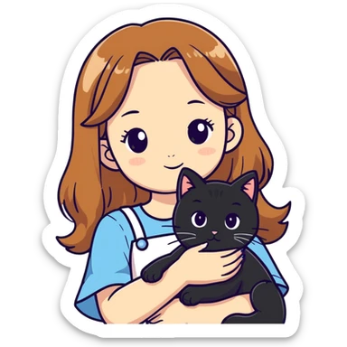 Girl with light brown hair white skinned holding black cat sticker