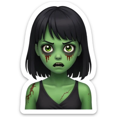 faça uma garota na forma de zumbi com a pele verde, assustada e com os olhos escurod, com o cabelo preto com franja e longo e a roupa decotada preta sticker