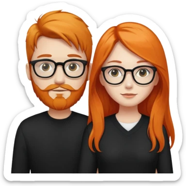 girl with long orange hair wearing no glasses and all black clothes and holding hands with boy with black hair and beard and glasses and pale skin sticker