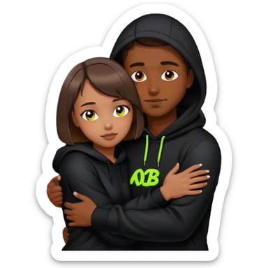 cyberpunk a girl with brown hair, a bob haircut, hugs a guy by the neck, both in black hoodies with neon sticker