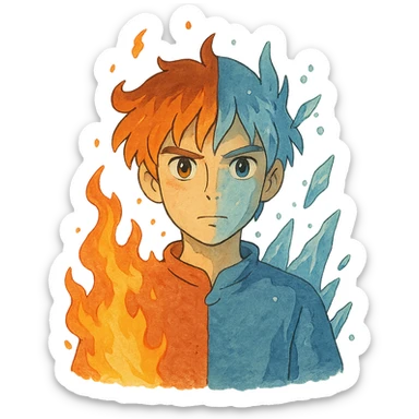ghibli style illustration of a character with one side fiery and the other frosty, showing hot but cold sticker