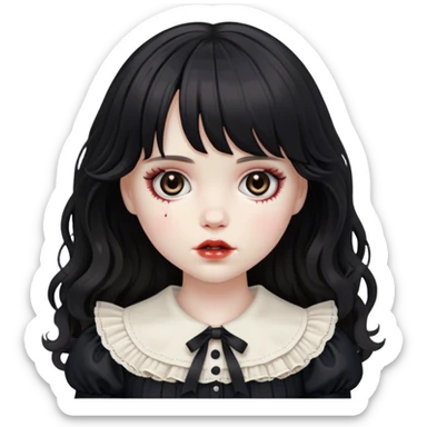 a very pale white girl dead and bleeding feminine with medium length black wavy hair with bangs with big light brown eyes looking like a porcelain doll with black clothes sticker