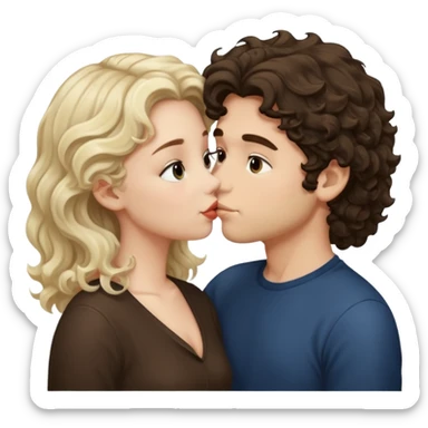 White Italian boy with dark brown wavy fluffy hair and blonde girl that's pale with wavy hair kissing sticker