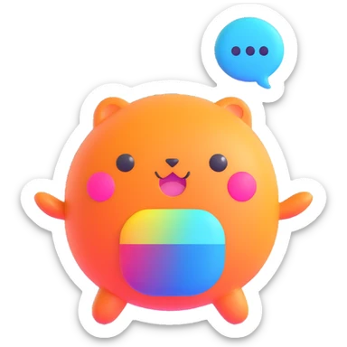 Retro game mascot — like a Tamagotchi-style AI creature, round and colorful with a speech bubble. sticker
