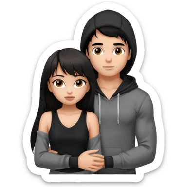 generate a pretty bratz girl in black cami top, dark brown straight long hair with bangs, eyeliner on, 

hugging a handsome muscular boy with black hair and a grey hoodie sticker