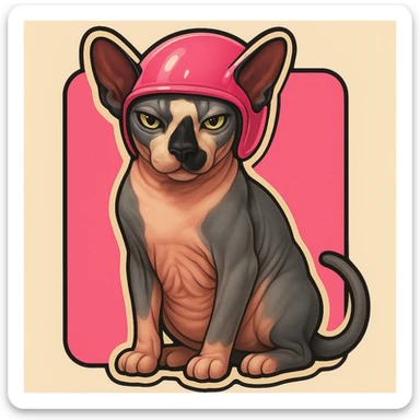 Canadian Sphynx cat with coloring as in the photo, sticker style, with a pink background, with a pink helmet sticker