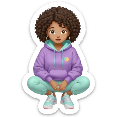 Black girl, clean girl aesthetic, 4C curly hair in a puff, pastel hoodie, white sneakers, minimal jewelry, soft smile, cozy vibe, bright colors comendo panquecas sticker