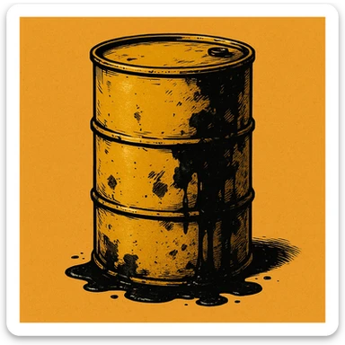Сгенерируй мне темно желтую бочку чуть испачканную нефтью в стиле японского комикса на однородном фоне. Она должна .смотреться ебать как стильно. Без рисунка капли.  sticker