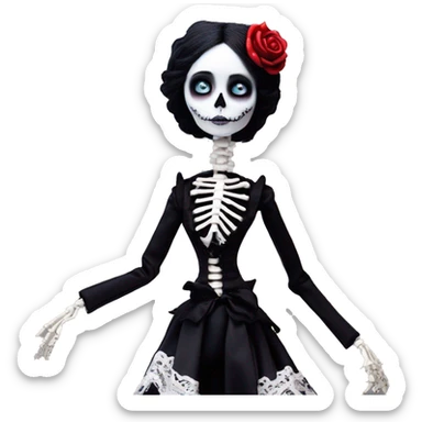 full height skeleton, tim burton "corpse bride", thin porcelain doll with a cracked face, goth makeup watery eyes, long hair, lace and ruffles, lolita style, inked, black and white, red roses, gothic castle with roses sticker