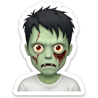 Rosto de frente classico de zombie boca meio torta cabelos medios pretos bagunçados low fade com pele verde clara camiseta branca sticker