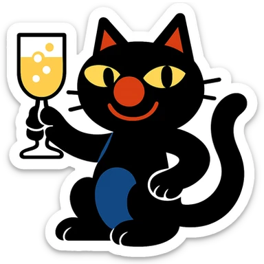 black cat with a clown nose and champagne glass, cartoonish and fun sticker