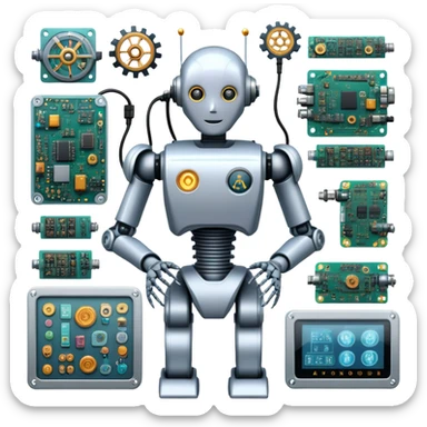 An icon featuring a humanoid robot assembling parts with robotic arms, surrounded by gears, circuit boards, and sensors, symbolizing robotics. The design includes a control panel and AI interface, representing automation, engineering, and innovation. Transparent background. sticker