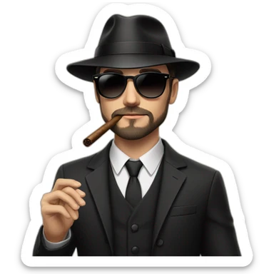 young white male adult with dark hair and beard, black fedora hat, black ray ban sunglasses, three pieces dark costume and tie smoking a cigar sticker