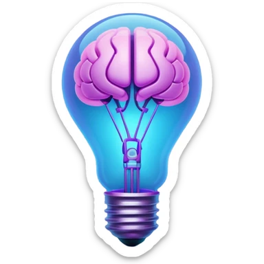 A stylized 3D emoji icon of a futuristic lightbulb. The filament inside is a glowing digital brain structure. The colors are a gradient of electric blue and purple neon light, with glowing edges. Minimalist, digital art aesthetic, sticker