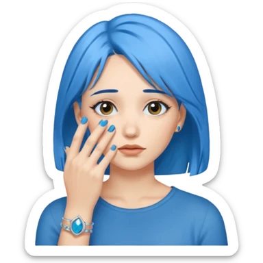 Woman with hand over face with blue hair sticker