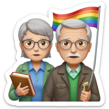 make old old man like 80 with gray hair and fur has HUGE EYE brows and glasses and is always mad and gay holding the rainbow flag and walking a young girl about 1 with brown hair and green eyes with a moth book with the other hand sticker